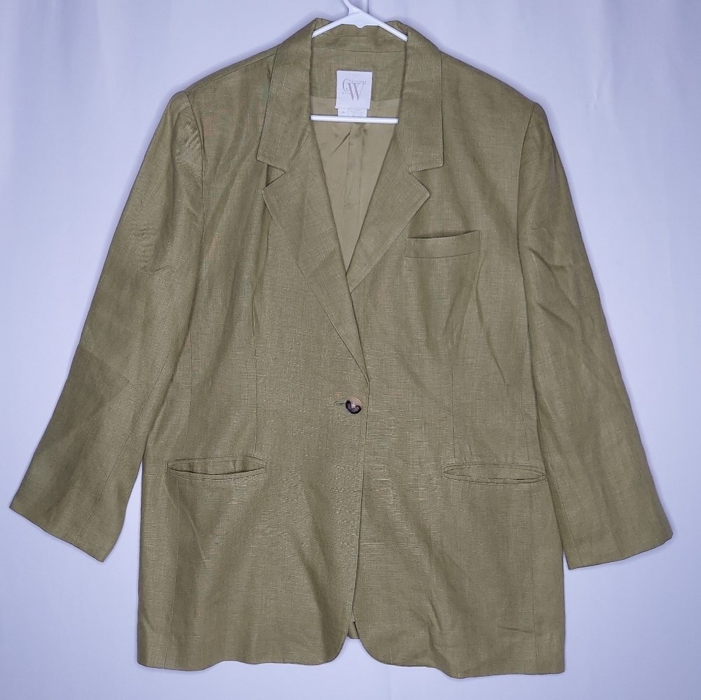 Vtg‎ Clifford Wills Linen Blazer 16 Green One-Button Notch Collar Pocket Lined